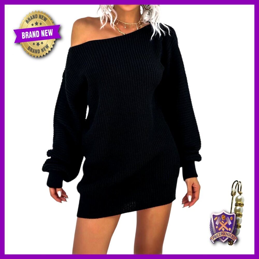 Oversized Off Shoulder Knit Sweater Dress Longline Puff Sleeves Pullover